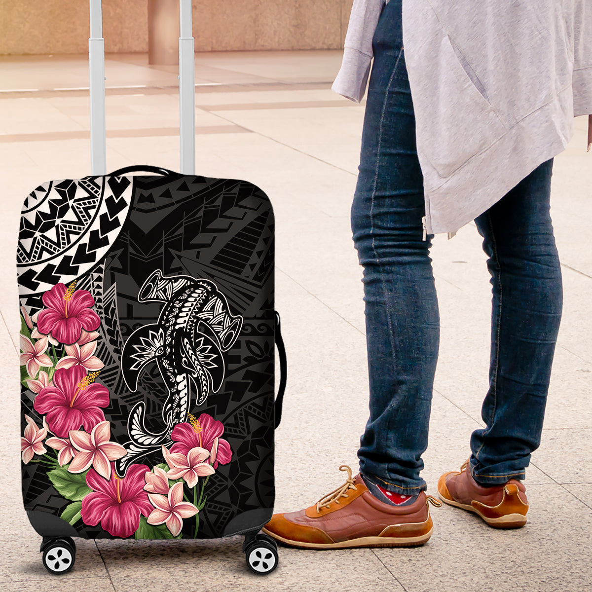 Black Polynesian Hammerhead Shark Tribal Pattern Luggage Cover LT05 Black - Polynesian Pride