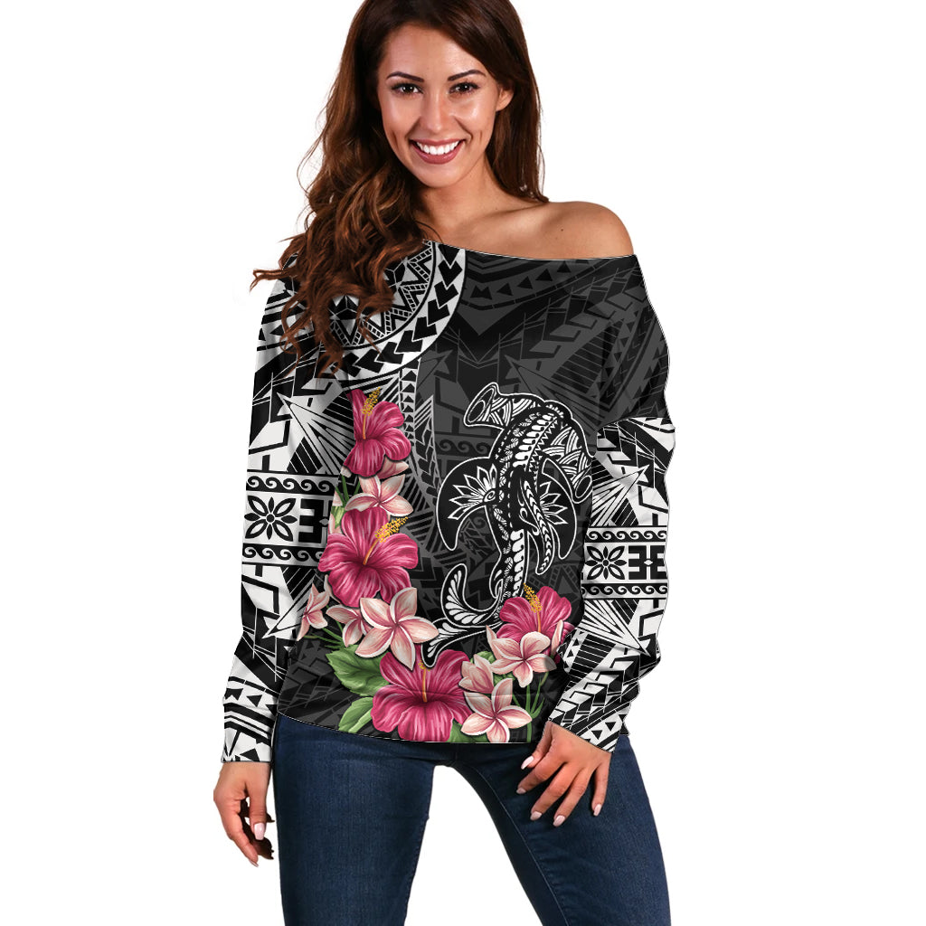 Black Polynesian Hammerhead Shark Tribal Pattern Off Shoulder Sweater