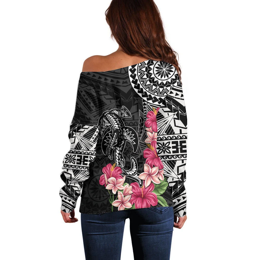 Black Polynesian Hammerhead Shark Tribal Pattern Off Shoulder Sweater