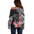 Black Polynesian Hammerhead Shark Tribal Pattern Off Shoulder Sweater