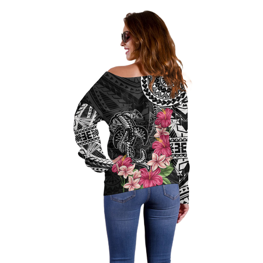 Black Polynesian Hammerhead Shark Tribal Pattern Off Shoulder Sweater