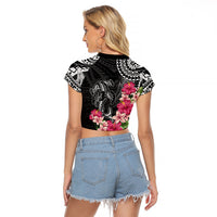 Black Polynesian Hammerhead Shark Tribal Pattern Raglan Cropped T Shirt