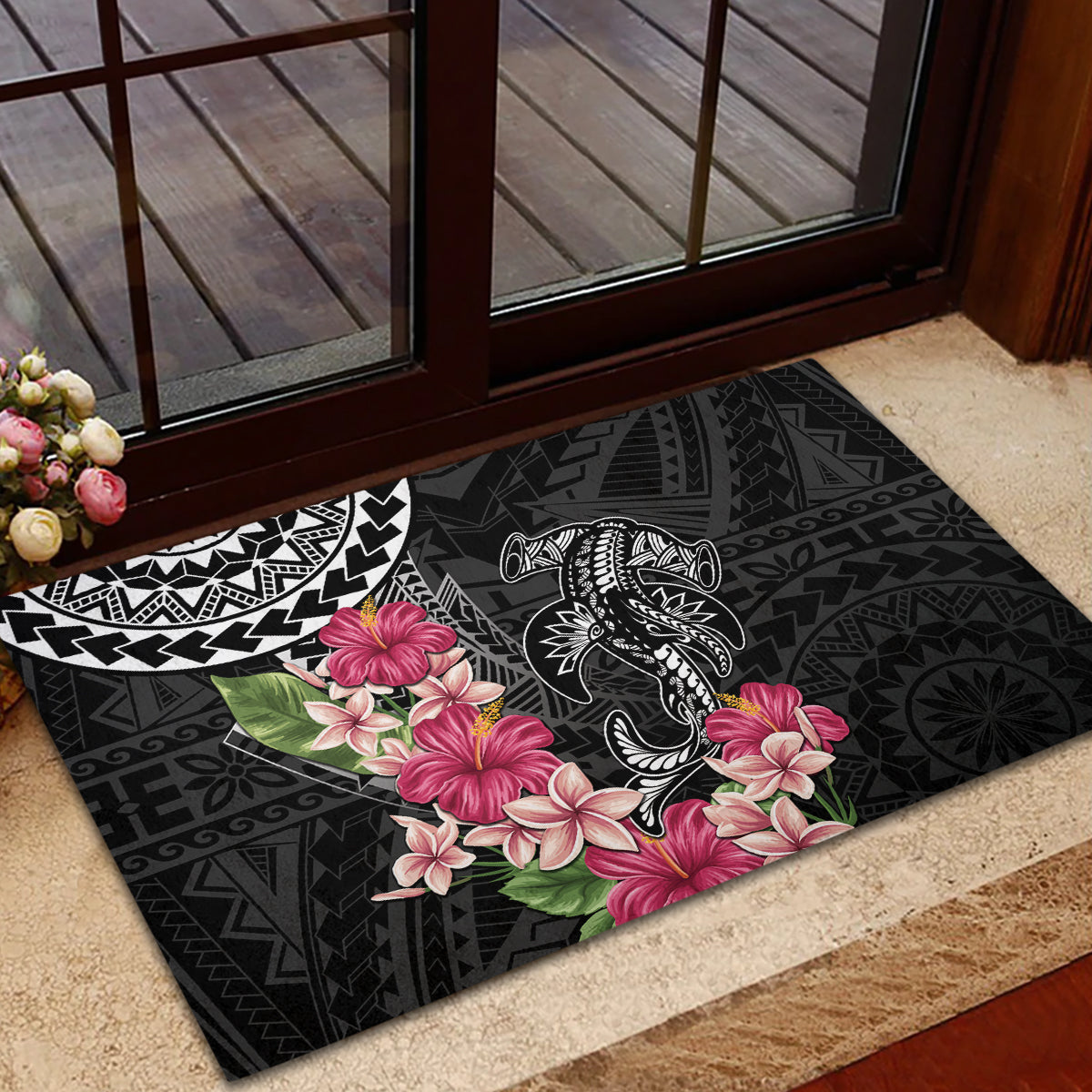 Black Polynesian Hammerhead Shark Tribal Pattern Rubber Doormat