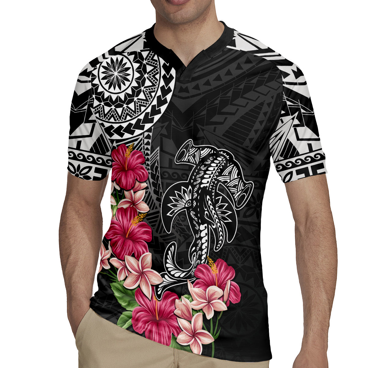 Black Polynesian Hammerhead Shark Tribal Pattern Rugby Jersey