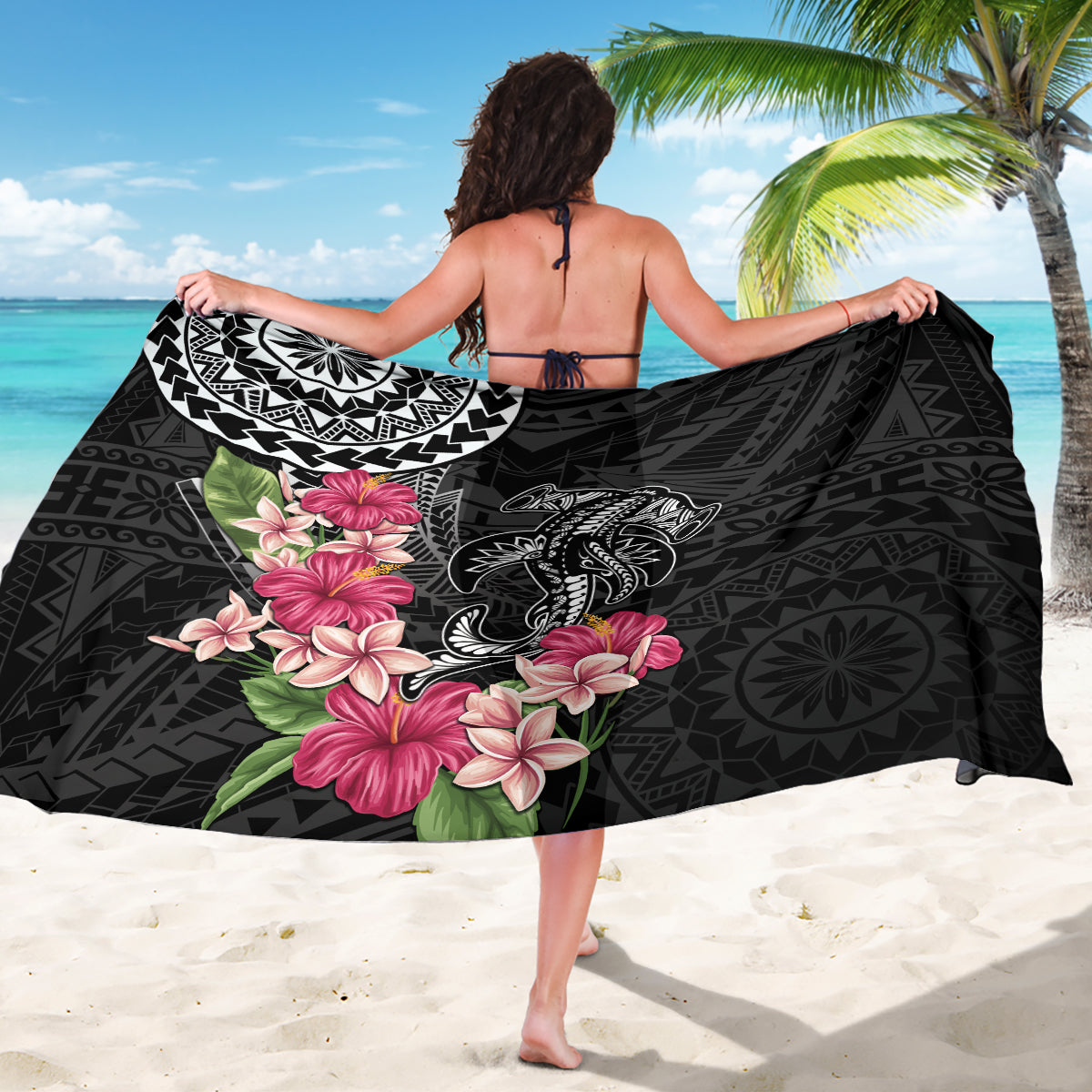 Black Polynesian Hammerhead Shark Tribal Pattern Sarong