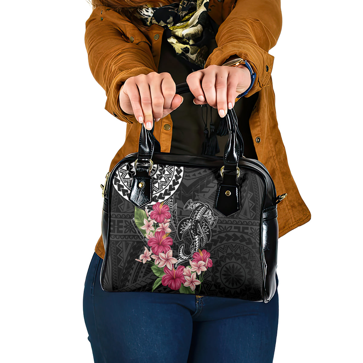 Black Polynesian Hammerhead Shark Tribal Pattern Shoulder Handbag