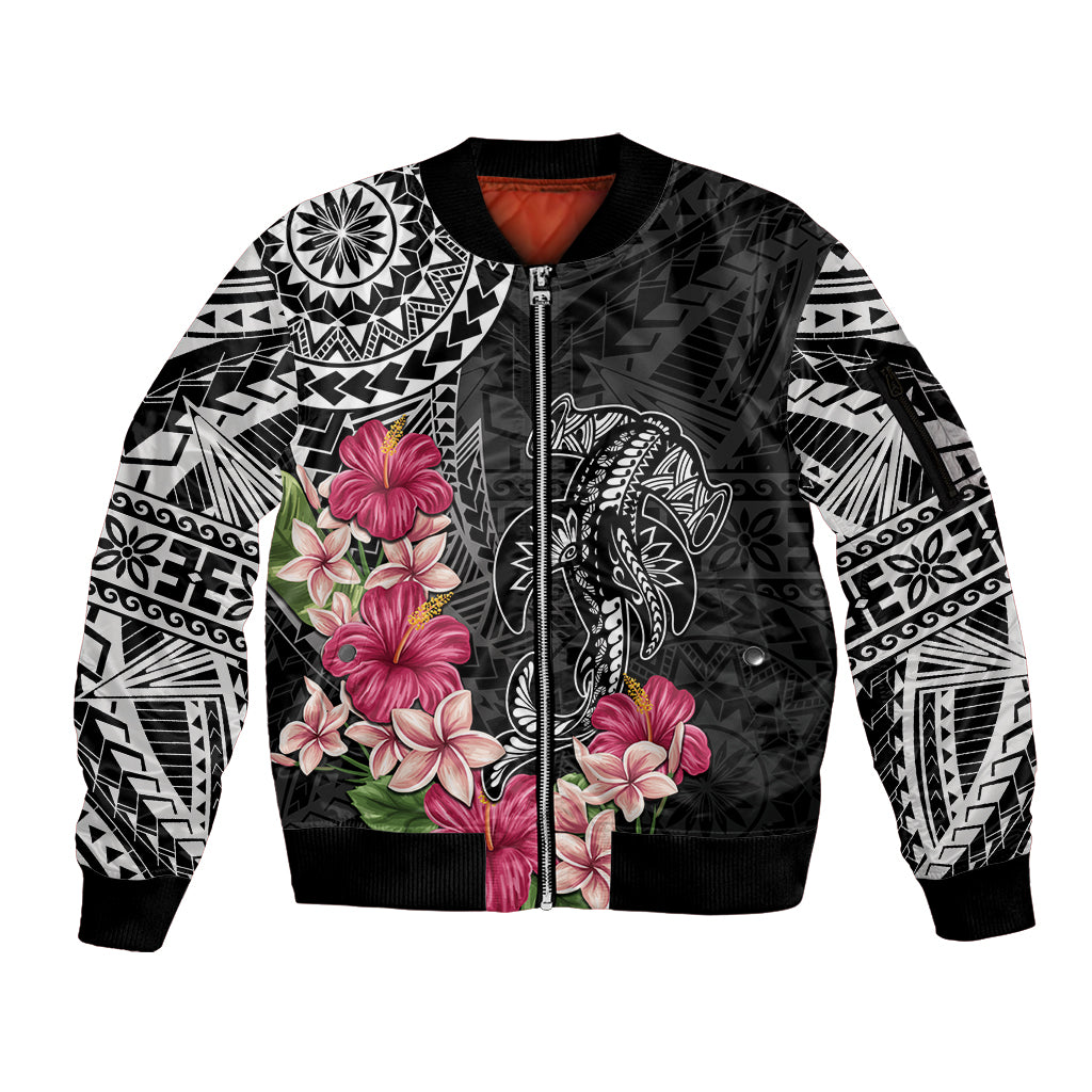 Black Polynesian Hammerhead Shark Tribal Pattern Sleeve Zip Bomber Jacket LT05 Unisex Black - Polynesian Pride