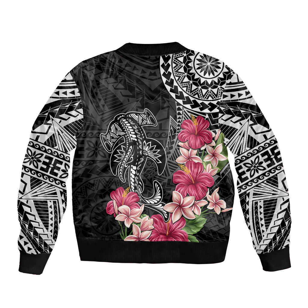 Black Polynesian Hammerhead Shark Tribal Pattern Sleeve Zip Bomber Jacket