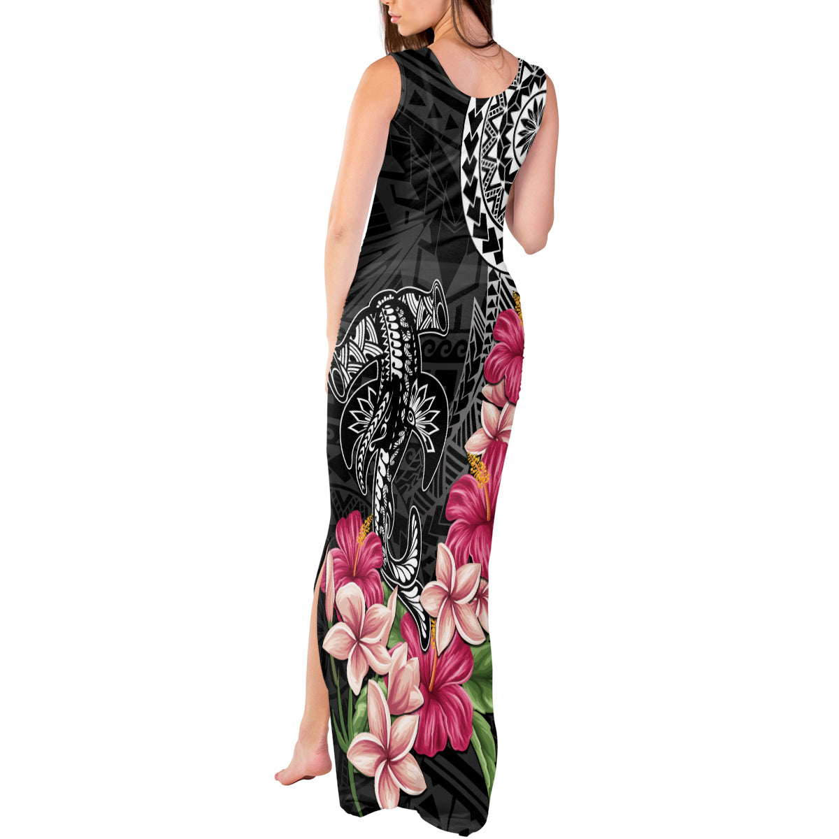 Black Polynesian Hammerhead Shark Tribal Pattern Tank Maxi Dress