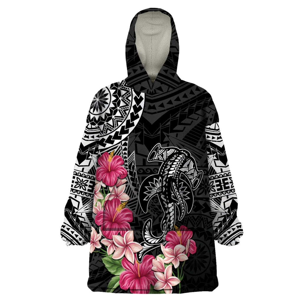 Black Polynesian Hammerhead Shark Tribal Pattern Wearable Blanket Hoodie LT05 One Size Black - Polynesian Pride