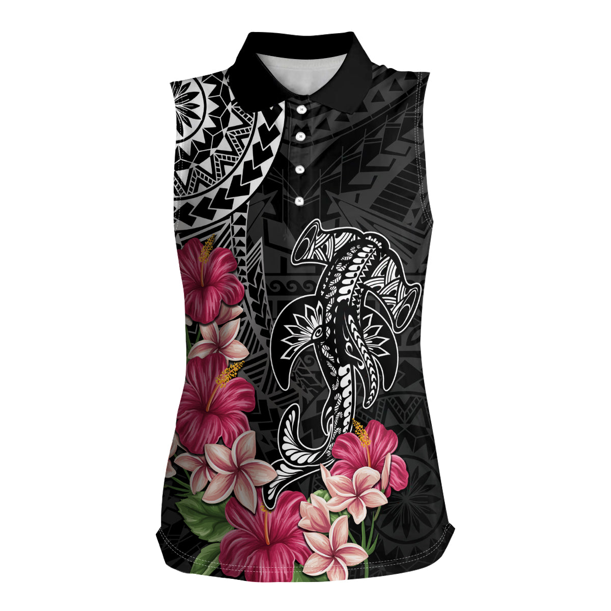Black Polynesian Hammerhead Shark Tribal Pattern Women Sleeveless Polo Shirt