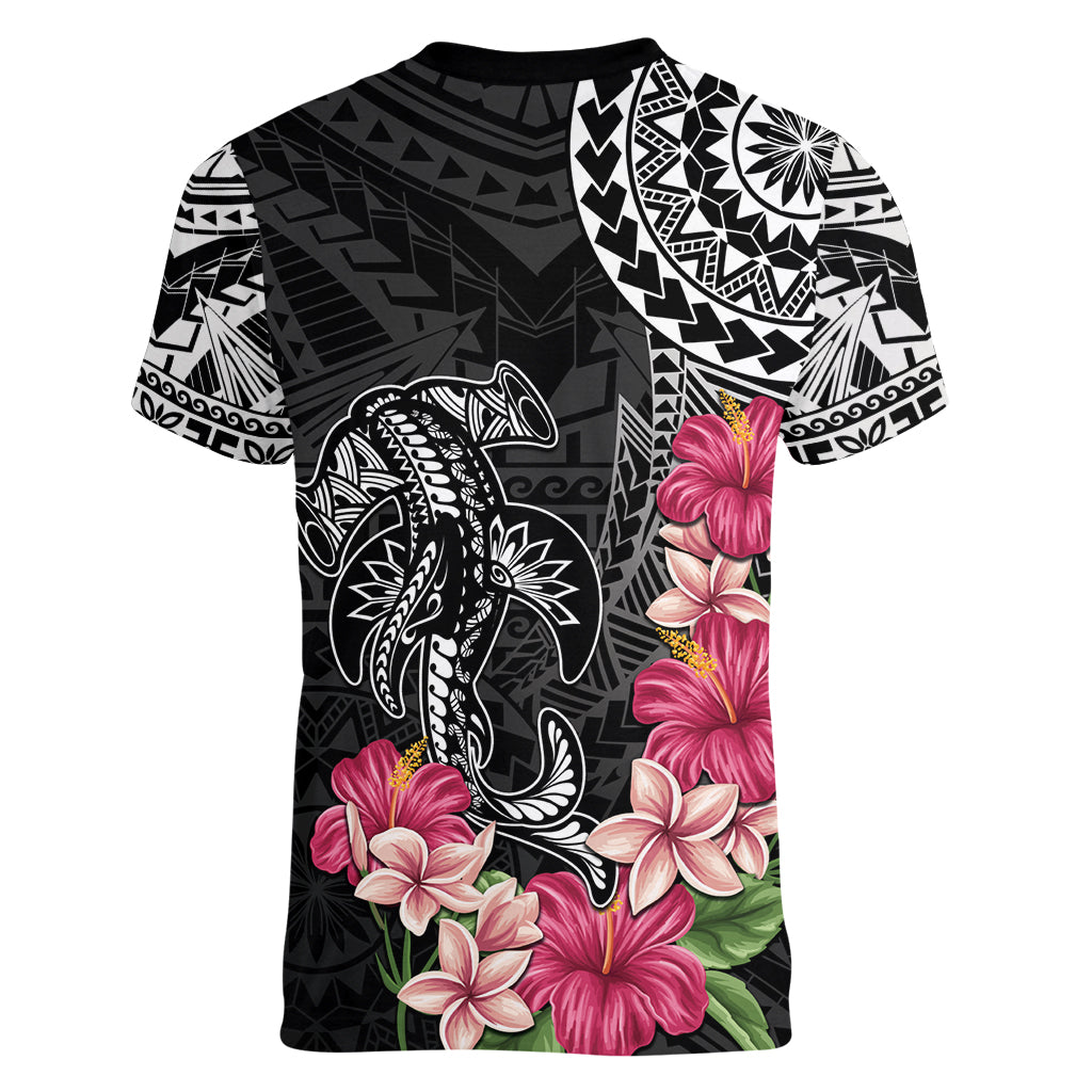 Black Polynesian Hammerhead Shark Tribal Pattern Women V-Neck T-Shirt