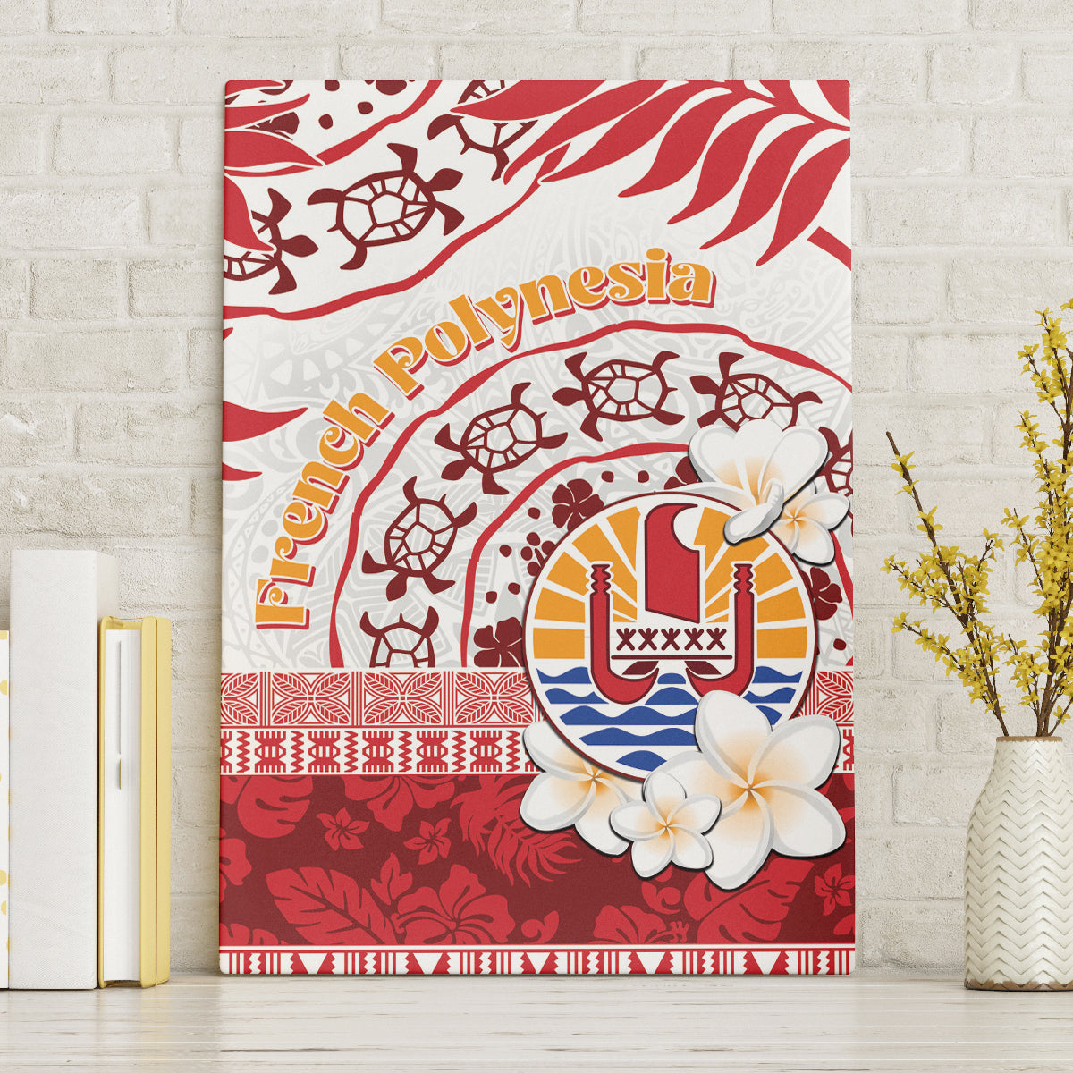 French Polynesia Internal Autonomy Day Canvas Wall Art Tropical Hibiscus And Turtle Pattern