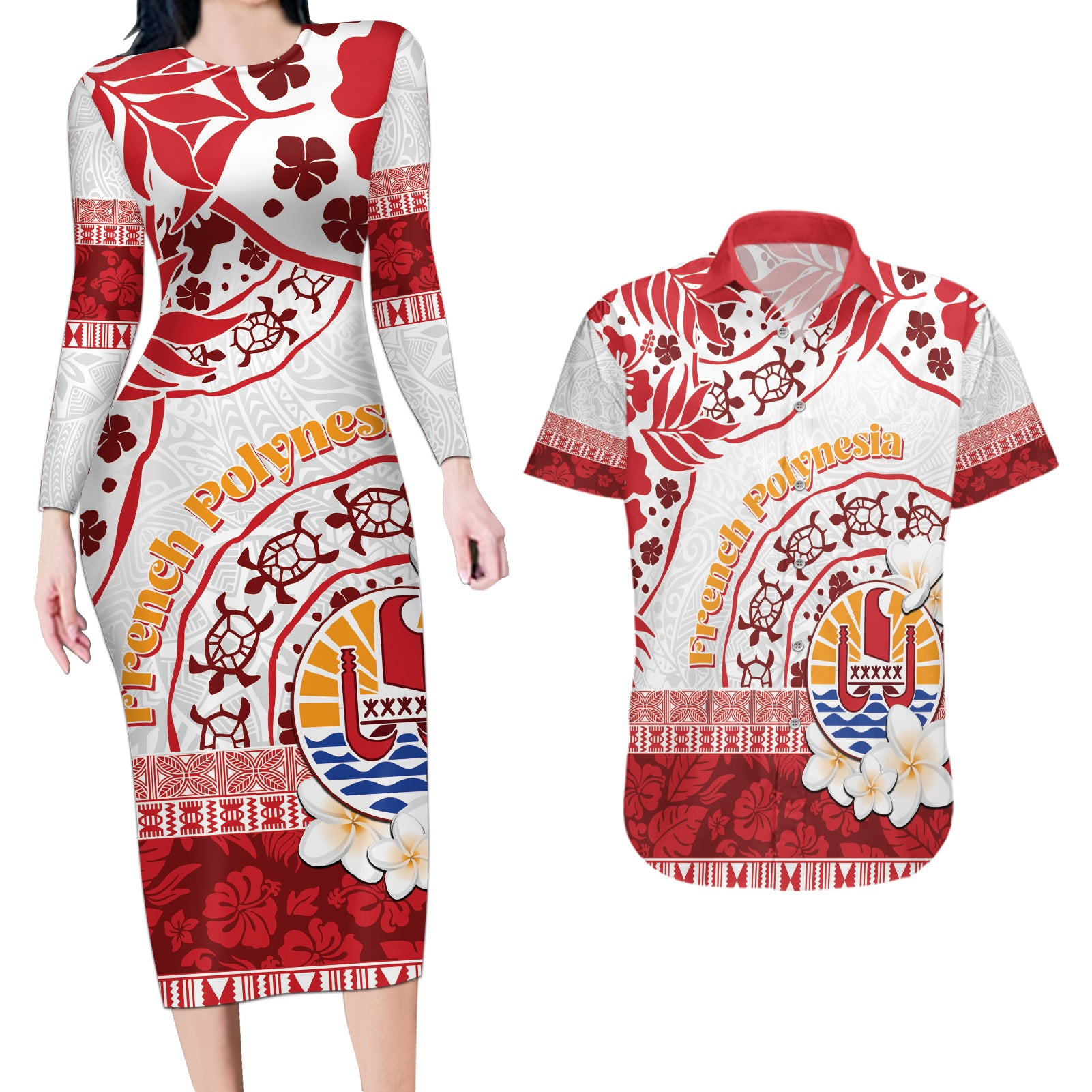 French Polynesia Internal Autonomy Day Couples Matching Long Sleeve Bodycon Dress and Hawaiian Shirt Tropical Hibiscus And Turtle Pattern
