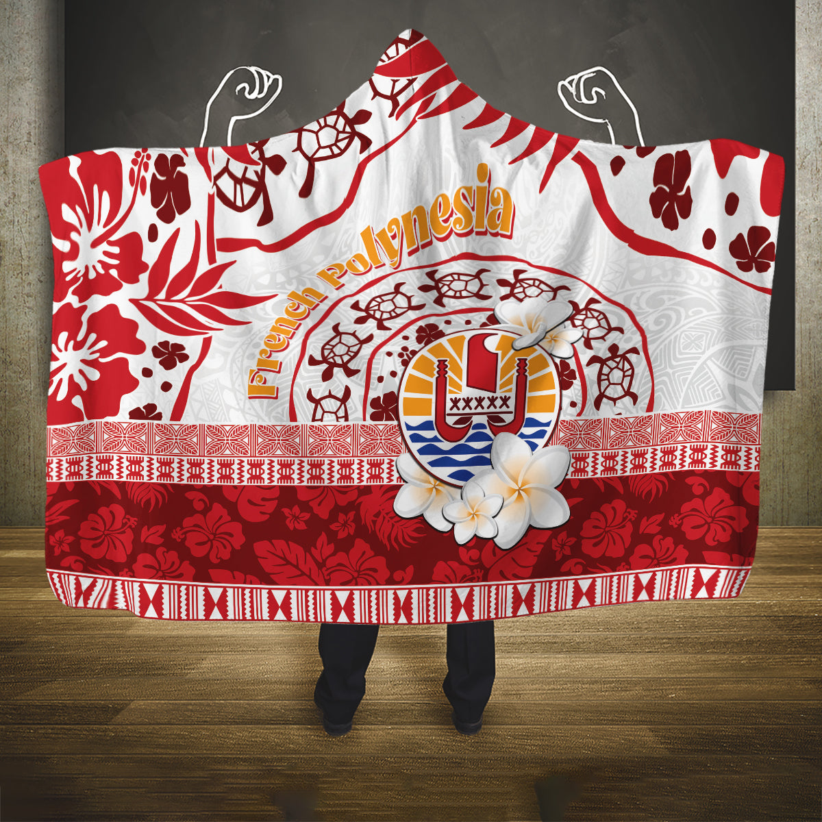 French Polynesia Internal Autonomy Day Hooded Blanket Tropical Hibiscus And Turtle Pattern
