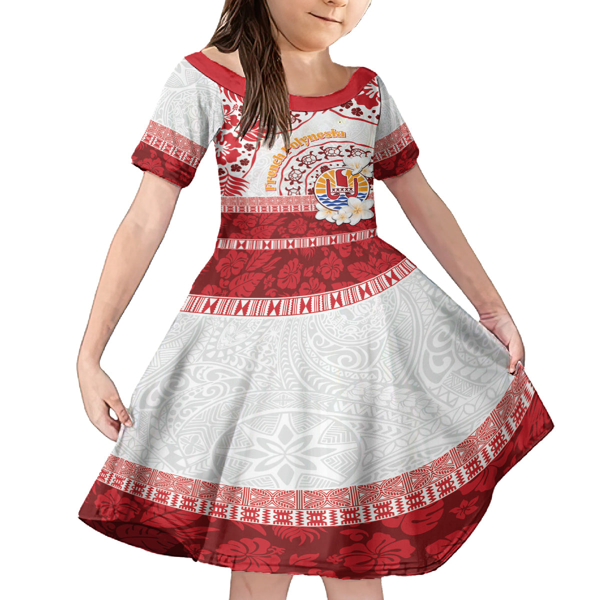 French Polynesia Internal Autonomy Day Kid Short Sleeve Dress Tropical Hibiscus And Turtle Pattern