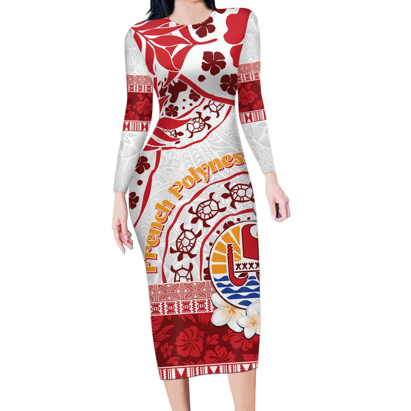 French Polynesia Internal Autonomy Day Long Sleeve Bodycon Dress Tropical Hibiscus And Turtle Pattern