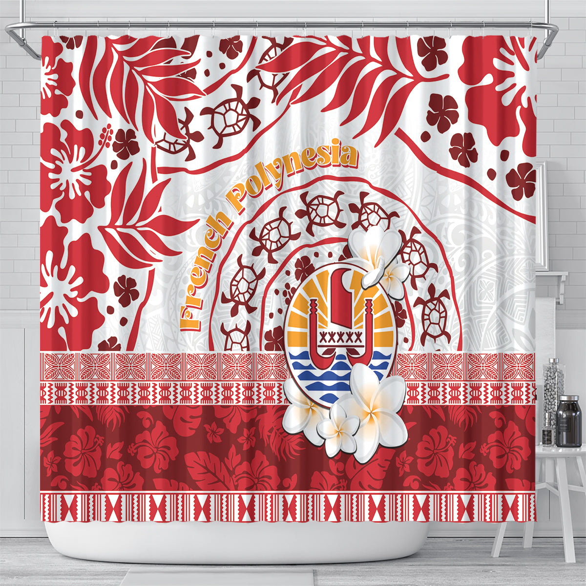 French Polynesia Internal Autonomy Day Shower Curtain Tropical Hibiscus And Turtle Pattern LT05 - Polynesian Pride