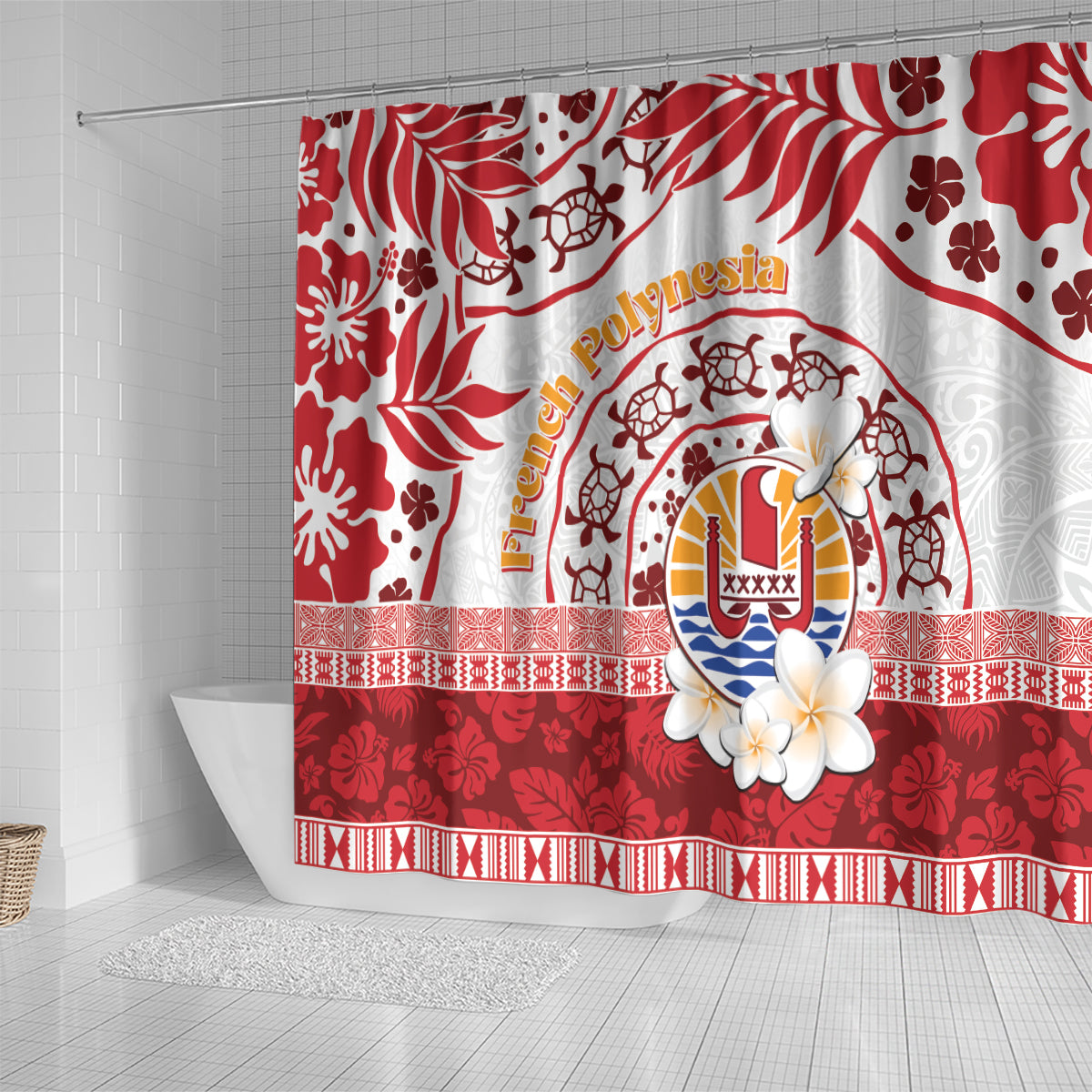 French Polynesia Internal Autonomy Day Shower Curtain Tropical Hibiscus And Turtle Pattern LT05 - Polynesian Pride