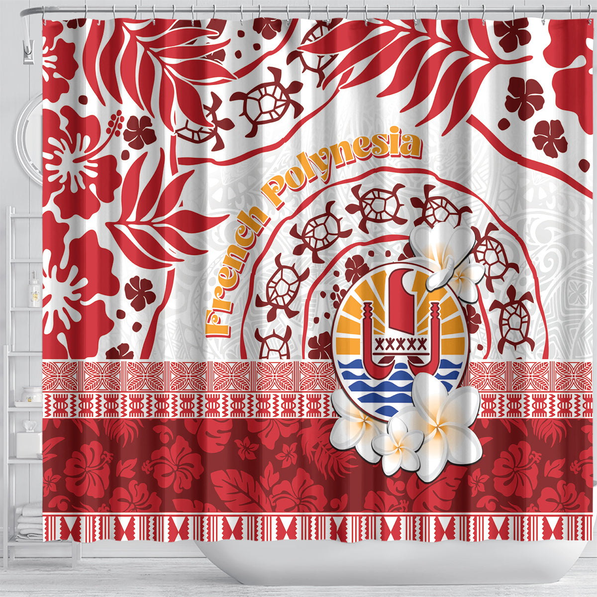 French Polynesia Internal Autonomy Day Shower Curtain Tropical Hibiscus And Turtle Pattern LT05 - Polynesian Pride