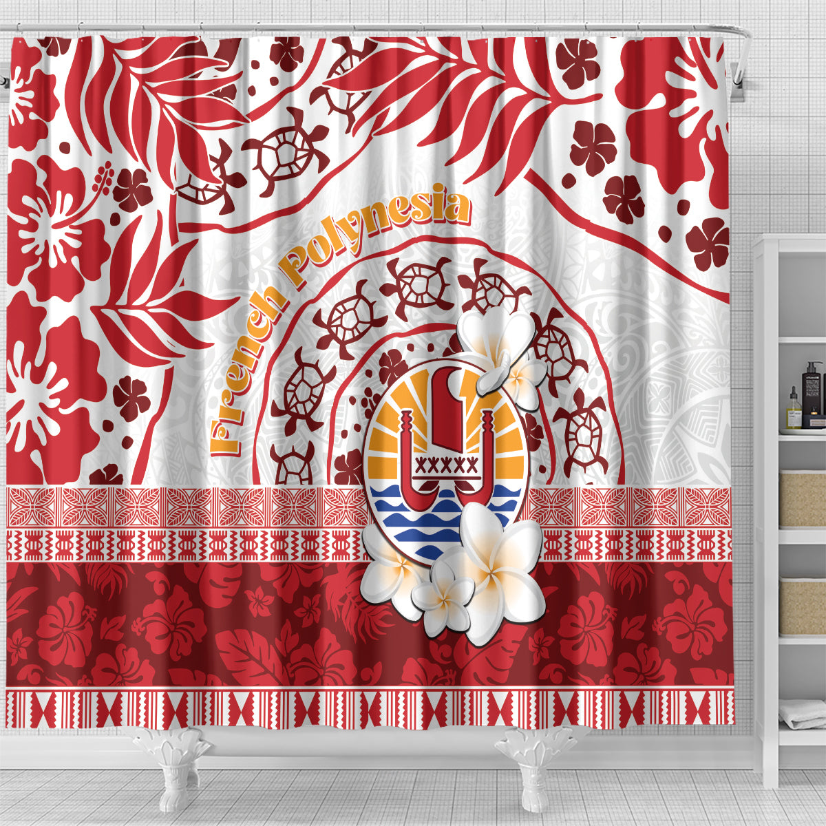 French Polynesia Internal Autonomy Day Shower Curtain Tropical Hibiscus And Turtle Pattern LT05 - Polynesian Pride