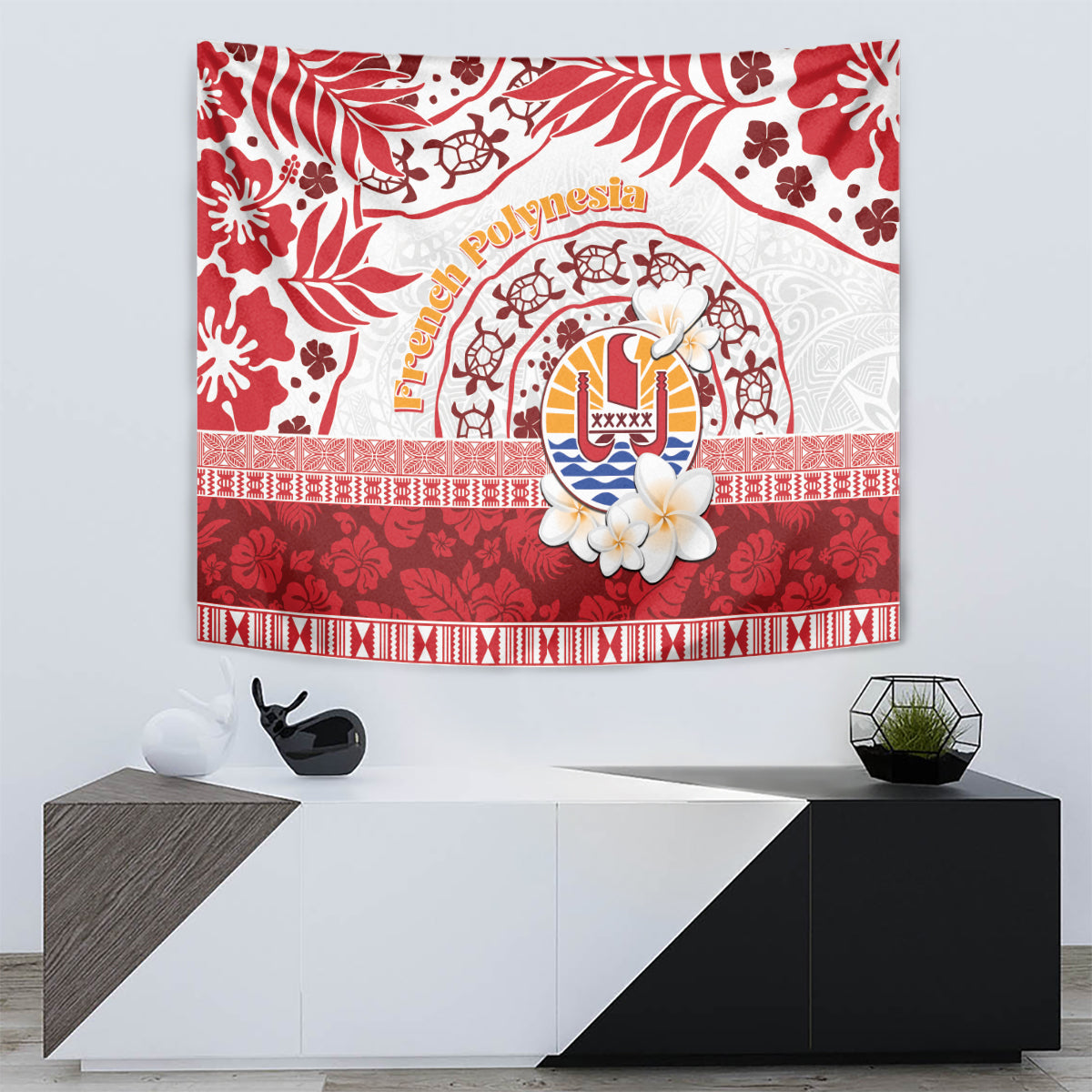 French Polynesia Internal Autonomy Day Tapestry Tropical Hibiscus And Turtle Pattern