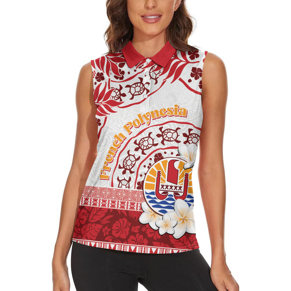 French Polynesia Internal Autonomy Day Women Sleeveless Polo Shirt Tropical Hibiscus And Turtle Pattern LT05 - Polynesian Pride