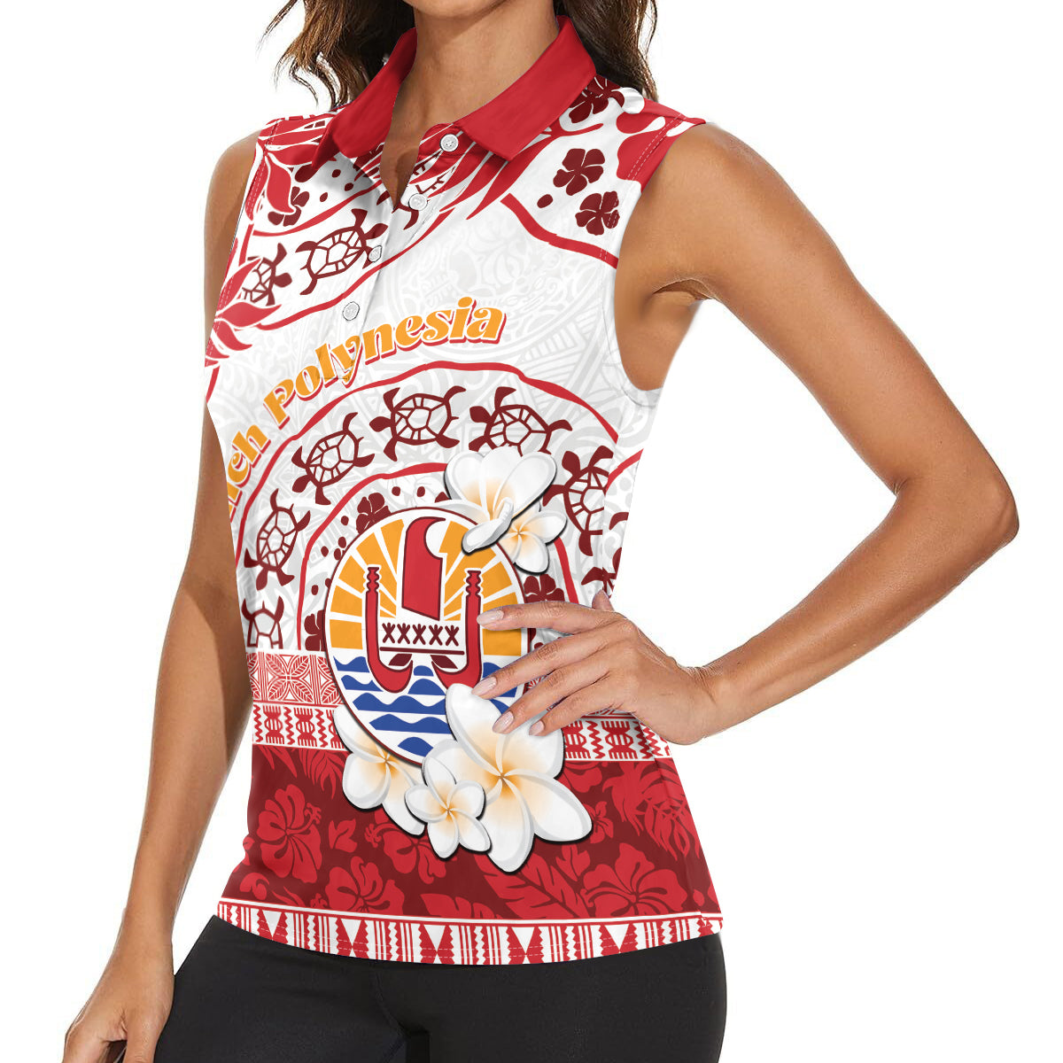 French Polynesia Internal Autonomy Day Women Sleeveless Polo Shirt Tropical Hibiscus And Turtle Pattern LT05 - Polynesian Pride