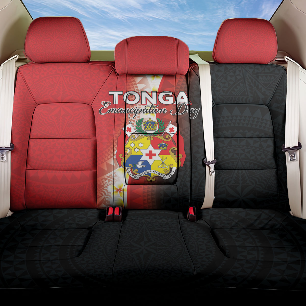 Tonga Emancipation Day Back Car Seat Cover Tongan Ngatu Pattern With Plumeria LT05 One Size Red - Polynesian Pride