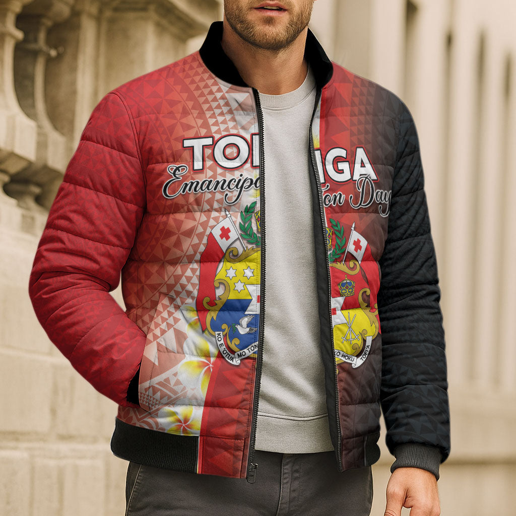 Personalised Tonga Emancipation Day Bomber Puffer Jacket Tongan Ngatu Pattern With Plumeria LT05 - Polynesian Pride