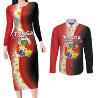 Personalised Tonga Emancipation Day Couples Matching Long Sleeve Bodycon Dress and Long Sleeve Button Shirt Tongan Ngatu Pattern With Plumeria LT05 Red - Polynesian Pride