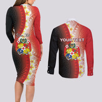 Personalised Tonga Emancipation Day Couples Matching Long Sleeve Bodycon Dress and Long Sleeve Button Shirt Tongan Ngatu Pattern With Plumeria LT05 - Polynesian Pride