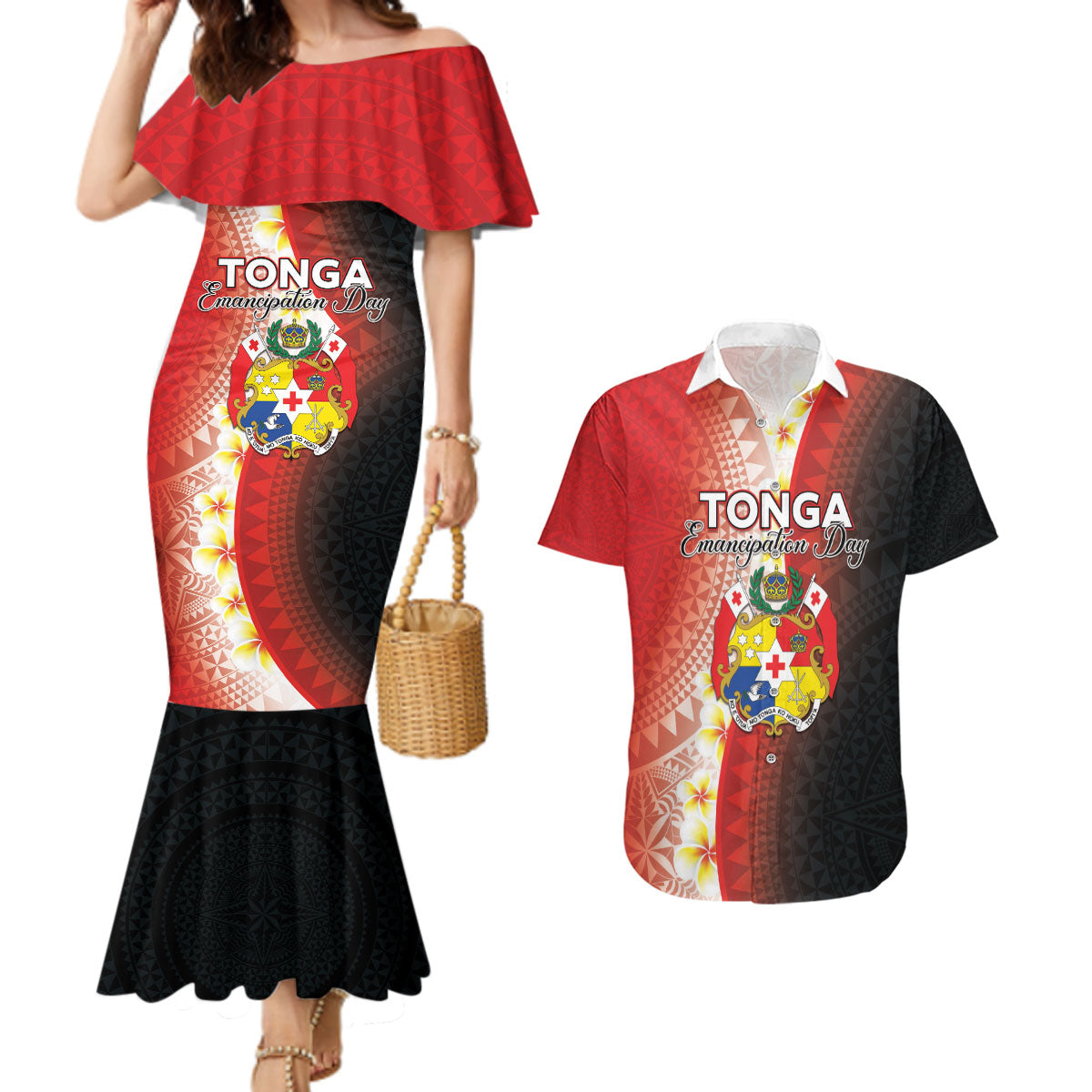 Personalised Tonga Emancipation Day Couples Matching Mermaid Dress and Hawaiian Shirt Tongan Ngatu Pattern With Plumeria LT05 Red - Polynesian Pride