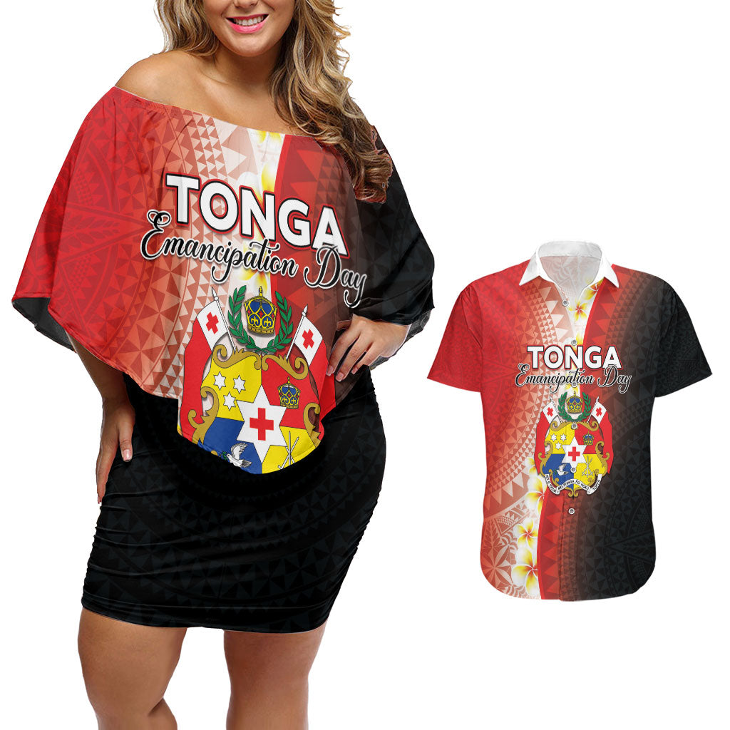 Personalised Tonga Emancipation Day Couples Matching Off Shoulder Short Dress and Hawaiian Shirt Tongan Ngatu Pattern With Plumeria