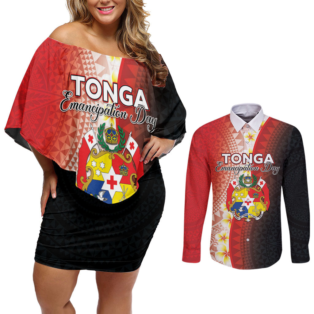 Personalised Tonga Emancipation Day Couples Matching Off Shoulder Short Dress and Long Sleeve Button Shirt Tongan Ngatu Pattern With Plumeria LT05 Red - Polynesian Pride