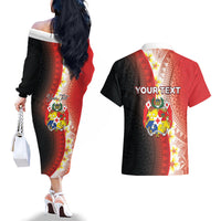 Personalised Tonga Emancipation Day Couples Matching Off The Shoulder Long Sleeve Dress and Hawaiian Shirt Tongan Ngatu Pattern With Plumeria LT05 - Polynesian Pride