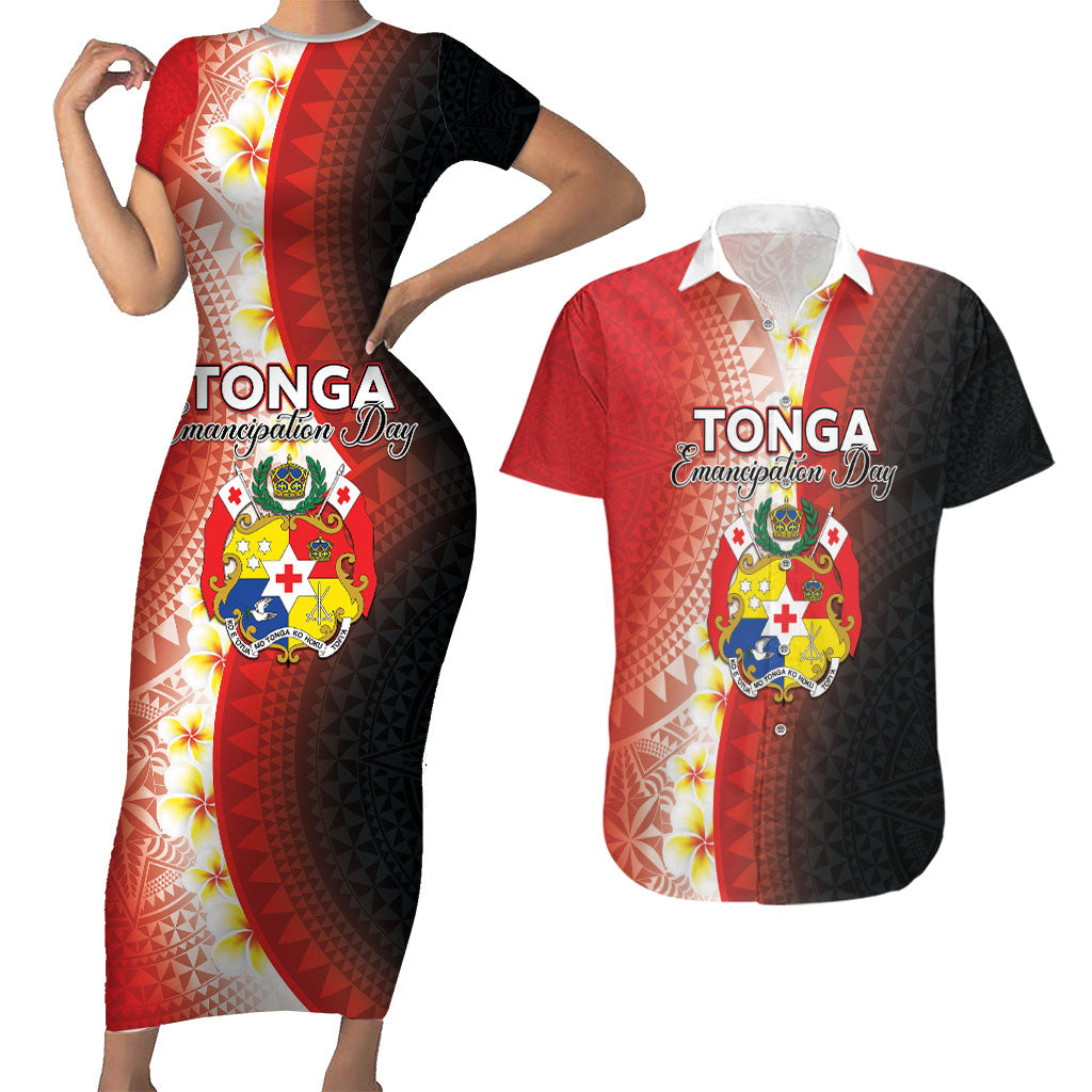 Personalised Tonga Emancipation Day Couples Matching Short Sleeve Bodycon Dress and Hawaiian Shirt Tongan Ngatu Pattern With Plumeria