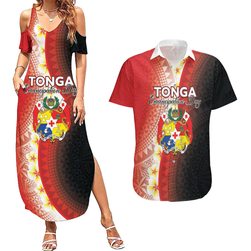 Personalised Tonga Emancipation Day Couples Matching Summer Maxi Dress and Hawaiian Shirt Tongan Ngatu Pattern With Plumeria