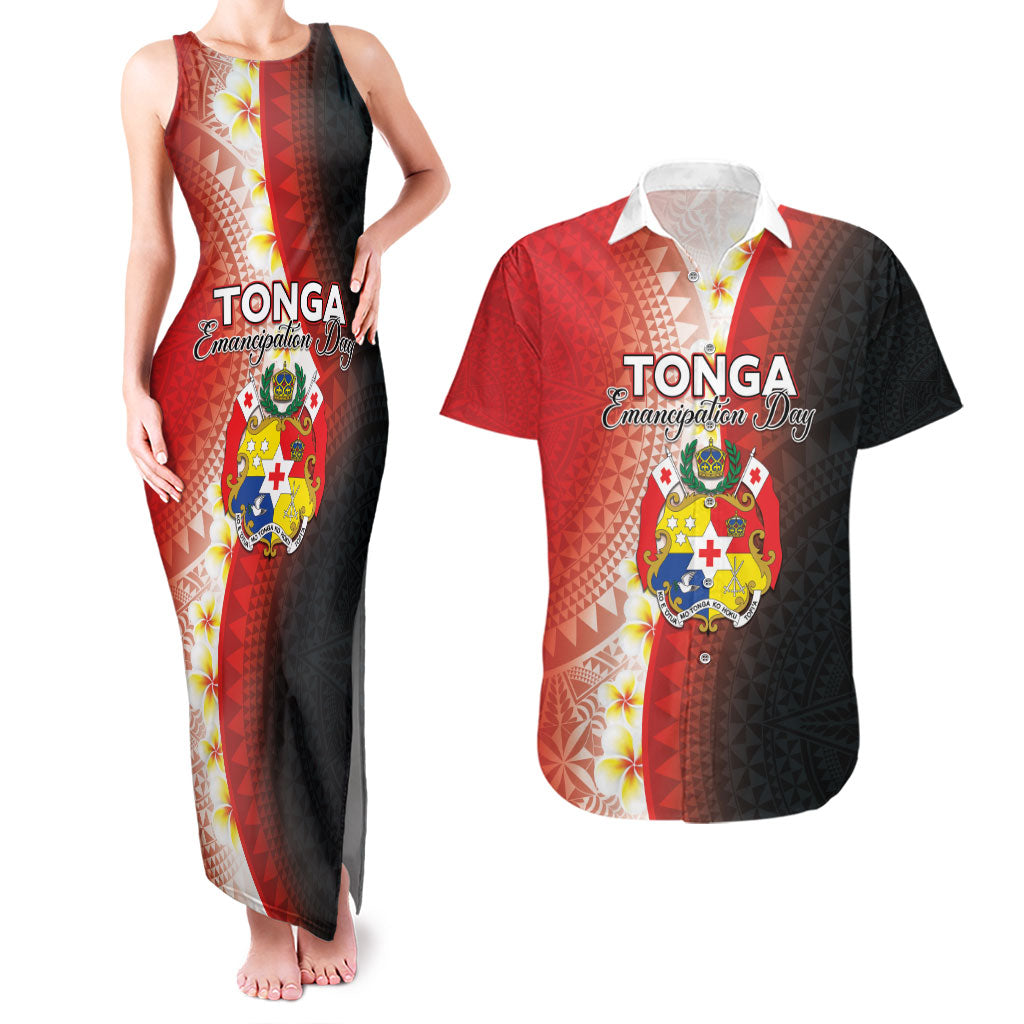 Personalised Tonga Emancipation Day Couples Matching Tank Maxi Dress and Hawaiian Shirt Tongan Ngatu Pattern With Plumeria