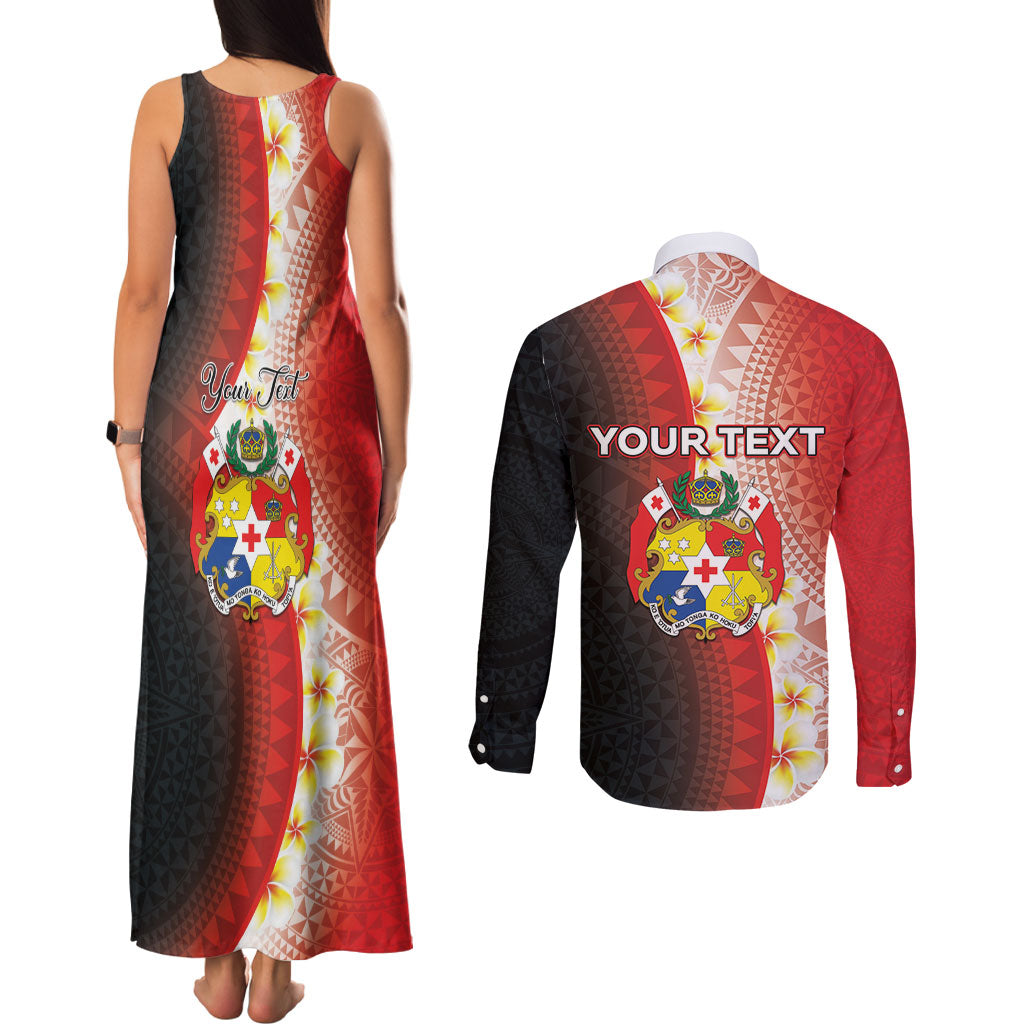 Personalised Tonga Emancipation Day Couples Matching Tank Maxi Dress and Long Sleeve Button Shirt Tongan Ngatu Pattern With Plumeria LT05 - Polynesian Pride