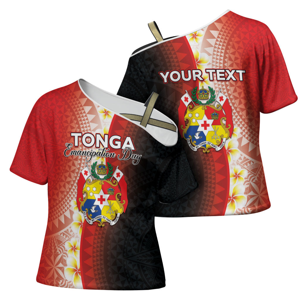 Personalised Tonga Emancipation Day Cross Shoulder Shirt Tongan Ngatu Pattern With Plumeria LT05 - Polynesian Pride