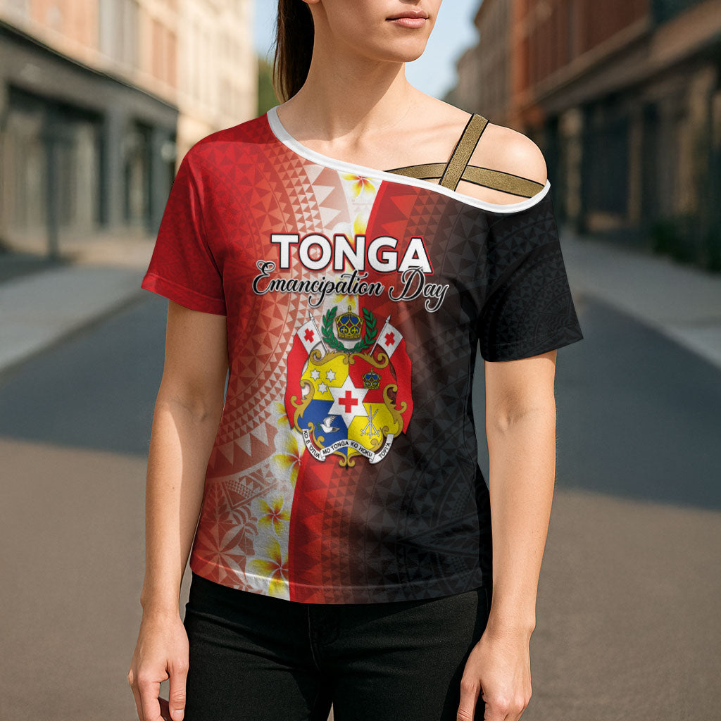 Personalised Tonga Emancipation Day Cross Shoulder Shirt Tongan Ngatu Pattern With Plumeria LT05 - Polynesian Pride
