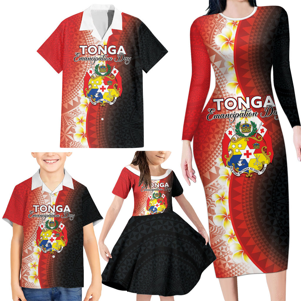 Personalised Tonga Emancipation Day Family Matching Long Sleeve Bodycon Dress and Hawaiian Shirt Tongan Ngatu Pattern With Plumeria LT05 - Polynesian Pride