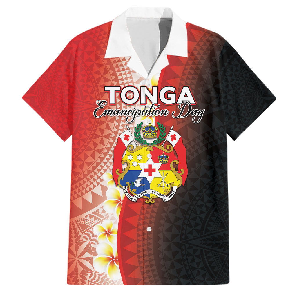 Personalised Tonga Emancipation Day Family Matching Off Shoulder Maxi Dress and Hawaiian Shirt Tongan Ngatu Pattern With Plumeria LT05 Dad's Shirt - Short Sleeve Red - Polynesian Pride