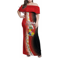 Personalised Tonga Emancipation Day Family Matching Off Shoulder Maxi Dress and Hawaiian Shirt Tongan Ngatu Pattern With Plumeria LT05 Mom's Dress Red - Polynesian Pride