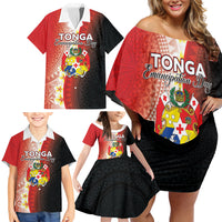 Personalised Tonga Emancipation Day Family Matching Off Shoulder Short Dress and Hawaiian Shirt Tongan Ngatu Pattern With Plumeria LT05 - Polynesian Pride
