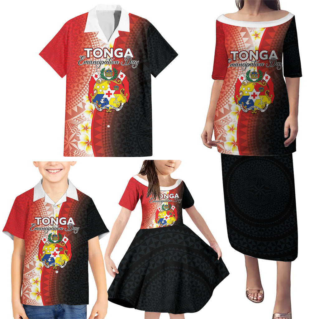 Personalised Tonga Emancipation Day Family Matching Puletasi and Hawaiian Shirt Tongan Ngatu Pattern With Plumeria LT05 - Polynesian Pride