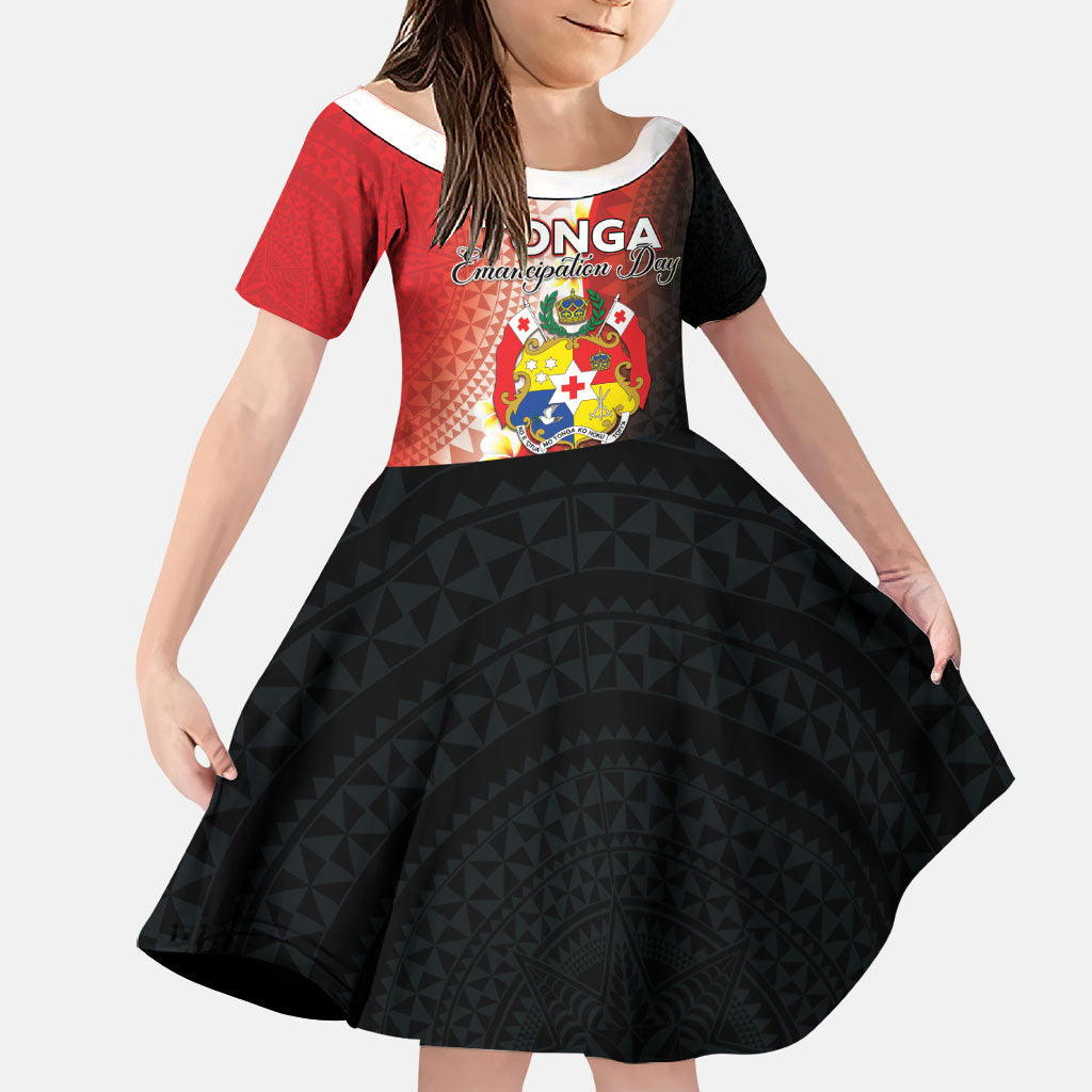 Personalised Tonga Emancipation Day Family Matching Summer Maxi Dress and Hawaiian Shirt Tongan Ngatu Pattern With Plumeria LT05 Daughter's Dress Red - Polynesian Pride