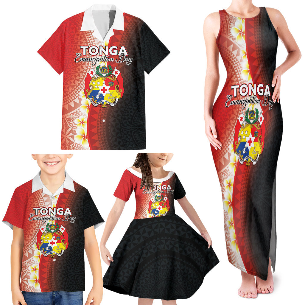 Personalised Tonga Emancipation Day Family Matching Tank Maxi Dress and Hawaiian Shirt Tongan Ngatu Pattern With Plumeria