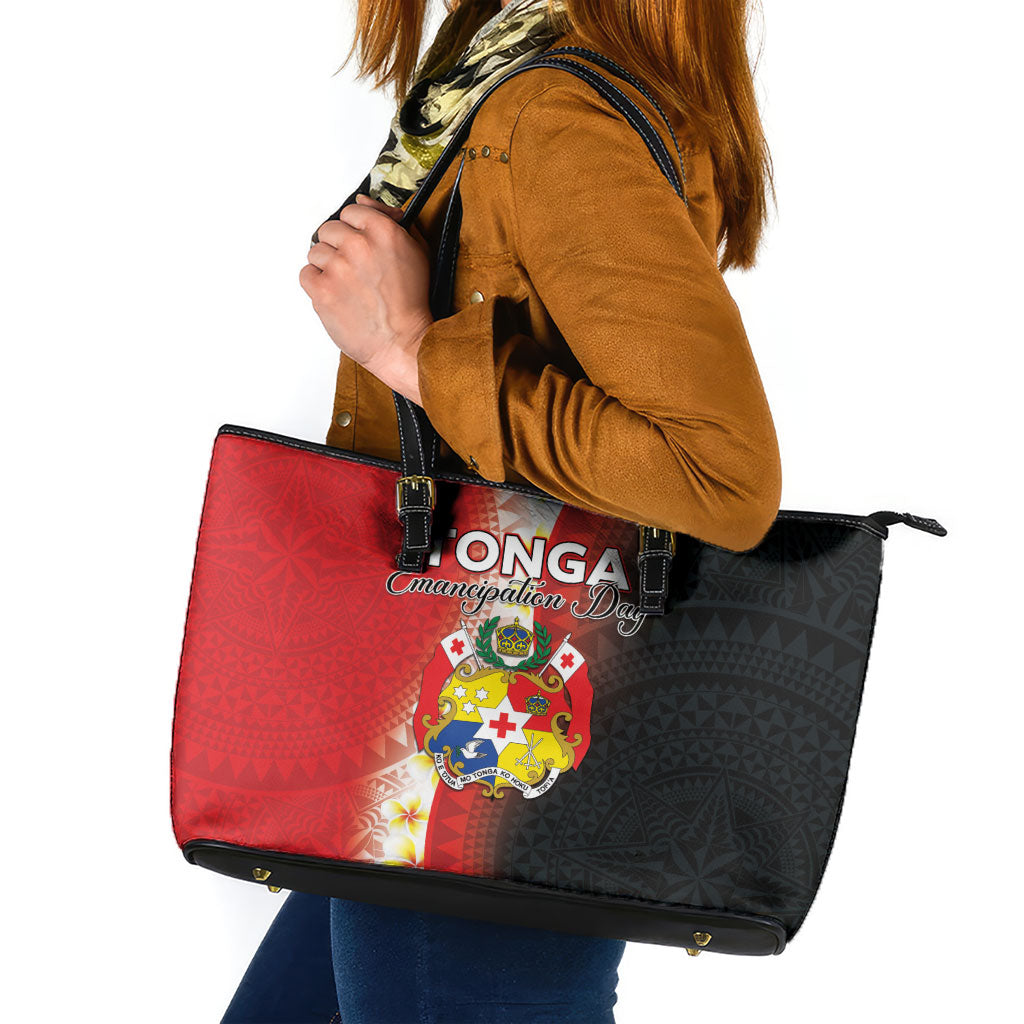 Tonga Emancipation Day Leather Tote Bag Tongan Ngatu Pattern With Plumeria